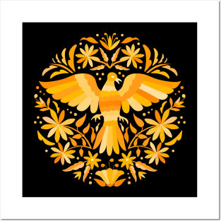 Flying Bird - Mexican Otomí Stamp Design in yellow Shades by Akbaly Posters and Art